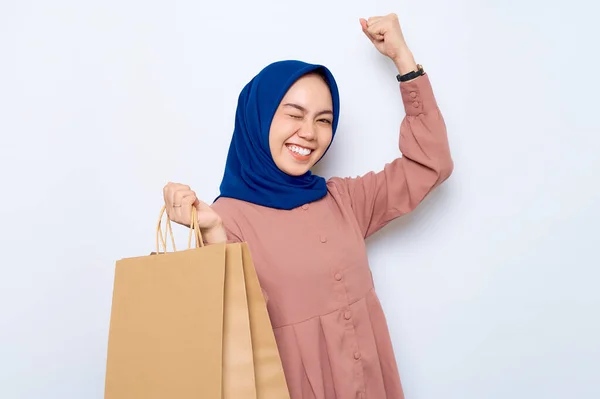 Excited Young Asian Muslim Woman Pink Shirt Holding Package Bags — Photo