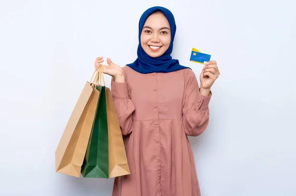 Cheerful Young Asian Muslim Woman Pink Shirt Holding Package Bags — Stock Fotó