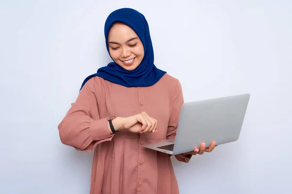 Smiling Young Asian Muslim Woman Pink Shirt Looking Watch Holding — Stock Fotó
