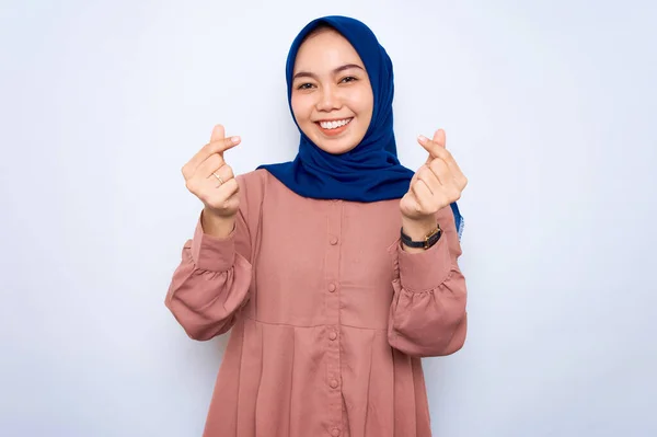 Smiling Young Asian Muslim Woman Pink Shirt Showing Korean Heart — стоковое фото
