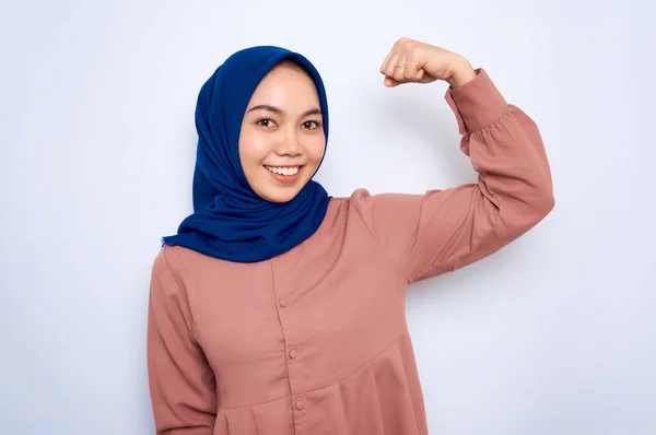 Smiling Beautiful Asian Muslim Woman Pink Shirt Raises Arms Shows — Foto Stock