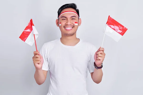 Portrait Excited Young Asian Man Celebrating Indonesian Independence Day August — Stock fotografie