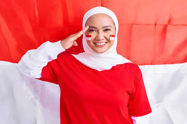 Smiling Young Asian Muslim Woman Red White Shirt Celebrating Indonesian — Fotografia de Stock
