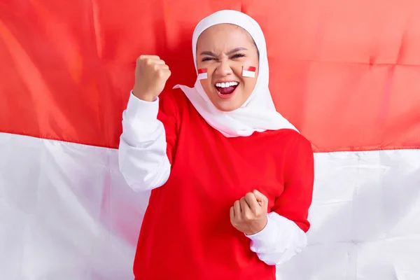 Excited Young Asian Muslim Woman Red White Shirt Celebrating Indonesian — Fotografia de Stock