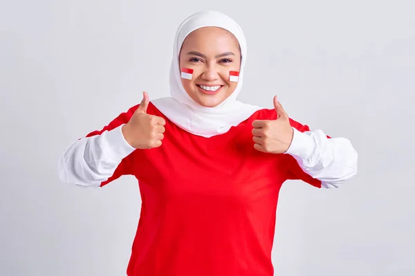 Excited Young Asian Muslim Woman Red White Shirt Celebrating Indonesian — Fotografia de Stock