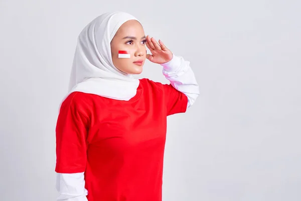 Smiling Young Asian Muslim Woman Red White Shirt Celebrating Indonesian — Zdjęcie stockowe