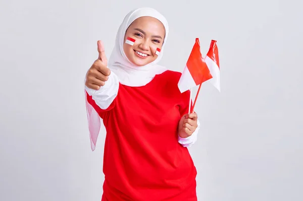 Smiling Young Asian Muslim Woman Red White Shirt Holding Flag — Fotografia de Stock