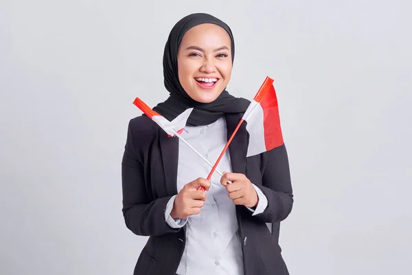 Smiling Young Asian Muslim Woman Holding Flag Indonesian Celebrating Indonesian — Fotografia de Stock