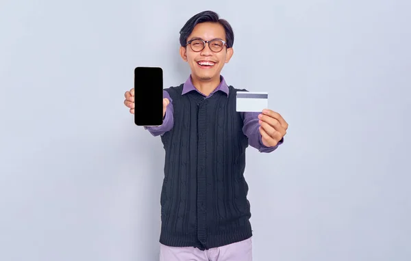 Lächelnder Junger Asiatischer Mann Lässigem Hemd Und Weste Mit Leerem — Stockfoto