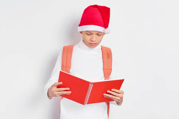 Sto Pensando Qualcosa Bello Giovane Studente Asiatico Cappello Natale Abiti — Foto Stock