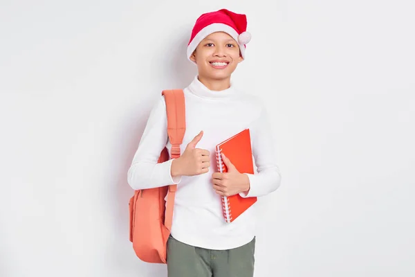 Glimlachen Knappe Jonge Aziatische Student Kerst Hoed Casual Kleding Met — Stockfoto