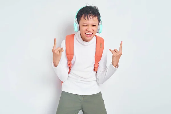 Rock Roll Pohledný Mladý Asijský Student Vánoční Klobouk Ležérní Oblečení — Stock fotografie