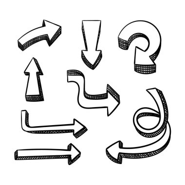 Üç boyutlu karalama vektör kümesi beyaz arkaplanda izole edilmiş kalın oklar çizdi, siyah anahat.