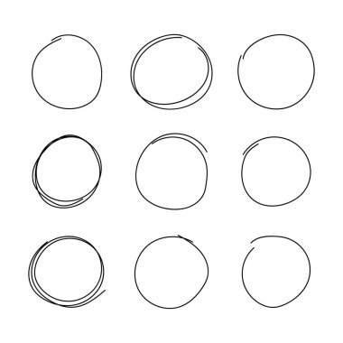 El çizilmiş dairelerin vektör kümesi, yuvarlak çerçeve koleksiyonu.