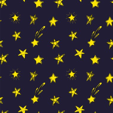 Vektör Renksiz Desen, El Çizimi Doodle Yıldızlar Çizimleri, Koyu Mavi Gökyüzü Arkaplanı Üzerine Yazı Çizimleri.