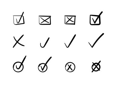 Vector set of check and haçlar, siyah mürekkep resimleri izo-arka plan, çizimler seti, soyut şekiller.