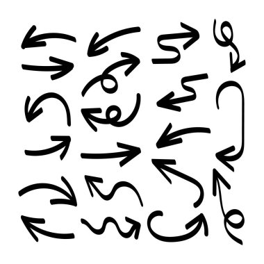 Vektör el çizilmiş oklar, dekoratif elementler, beyaz arkaplanda izole edilmiş siyah kalın oklar.