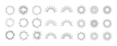 Vektör retro parlayan ikonlar koleksiyonu, izole edilmiş siyah çizimler, ışık işaretleri, ışınlar, daire şekilleri, sıçramalar.