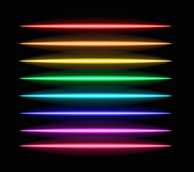 Vektör neon fırçalar dizildi, gökkuşağı renkli çizgiler, neon ışık tüpleri.