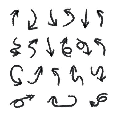 Beyaz arkaplanda izole edilmiş el çizimleri, resim çizimleri, yön işaretleri..