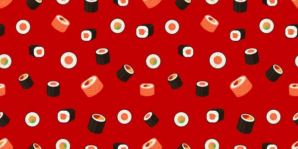 Vektorové bezešvé vzory, role, japonská kuchyně - sushi set background, různé role na červené, barevné ilustrace. — Stockový vektor