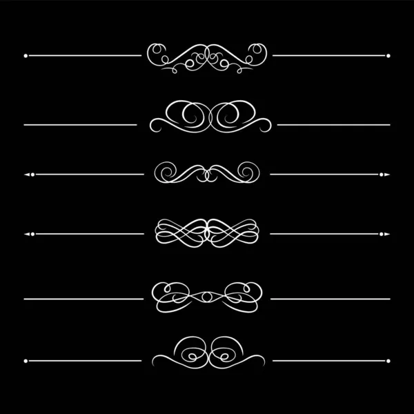 Colección vectorial de líneas divisorias estilo vinatge caligrafía, elementos de diseño blanco aislados sobre fondo negro, líneas decorativas florecientes. — Vector de stock