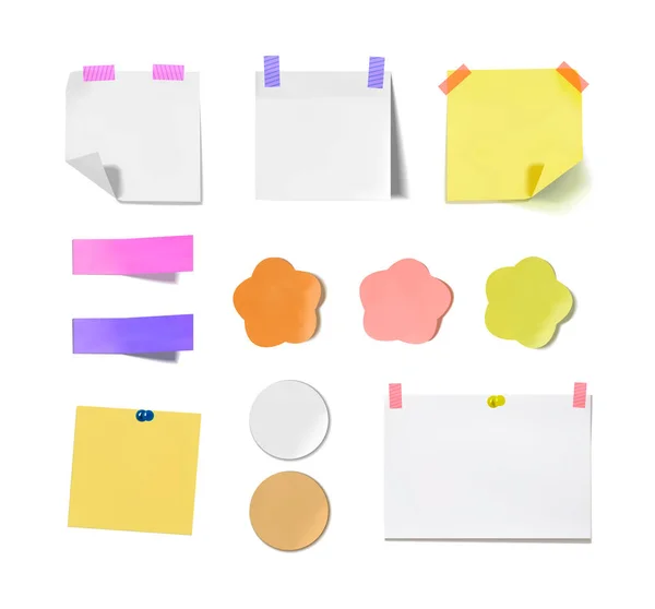 Vector set van verschillende papieren stickers, getapete en vastgepind blanco vellen, stricky notes, kleurrijke memo. — Stockvector
