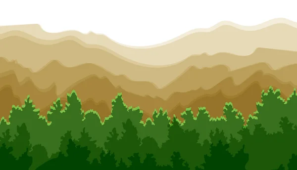 Montanhas vetoriais Fundo, Floresta verde, Ilustração colorida, Camadas planas, Natureza selvagem, Cores quentes. — Vetor de Stock