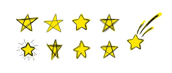 Conjunto de esboços coloridos de estrelas de rabiscos desenhados à mão vetoriais, desenhos de rabiscos, cor amarela brilhante, conjunto isolado. — Vetor de Stock