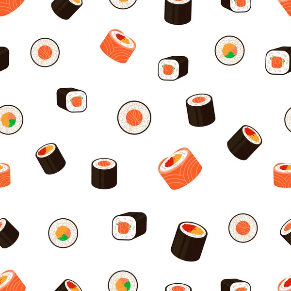 Vector nahtlose Muster, Rollen, japanische Küche - Sushi-Set Hintergrund, verschiedene Rollen auf weißem Hintergrund. — Stockvektor