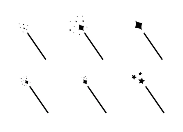 Baguettes magiques vectorielles, Ensemble d'icônes minimes, Pictogramme noir isolé, Luminosité magique et étoiles. — Image vectorielle