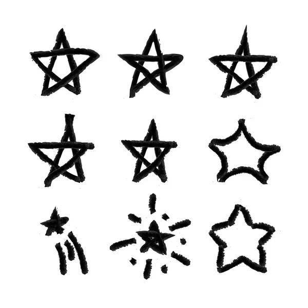 Conjunto vectorial de estrellas negras texturizadas dibujadas a mano aisladas, ilustración de pintura, signos, conjunto de iconos. — Archivo Imágenes Vectoriales