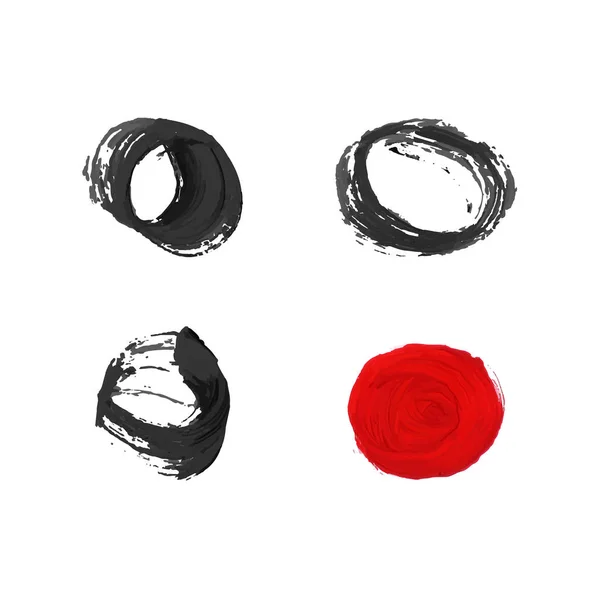 Ensemble vectoriel de cercles noirs et rouges, coups de pinceau isolés sur fond blanc, concept de peinture à l'encre traditionnelle japonaise. — Image vectorielle