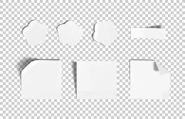 Vektorová sada bílých samolepících štítků, bílý papír, 3D prázdné moduly na průhledném pozadí. — Stockový vektor
