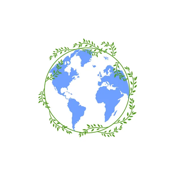 Vektorillustration der Erdkarte mit floralem Rahmen, sichere das Planetenkonzept, grüne und blaue Illustration isoliert. — Stockvektor