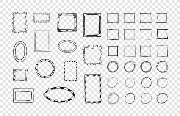 Vector Hand Scribble Square ve Circle Shaped Frames on Şeffaf Arkaplan, Design Elements Set, Doodle Sketched Frames Pen Drames.