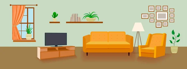 Vector Wohnzimmer Hintergrund, Innenraum Cartoon-Illustration, Hintergrundvorlage, Sofa, Fernseher. — Stockvektor