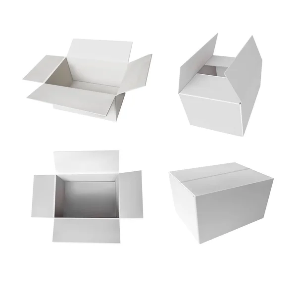 Conjunto de cajas blancas vectoriales aisladas sobre fondo blanco, burlas realistas 3D en blanco. — Vector de stock
