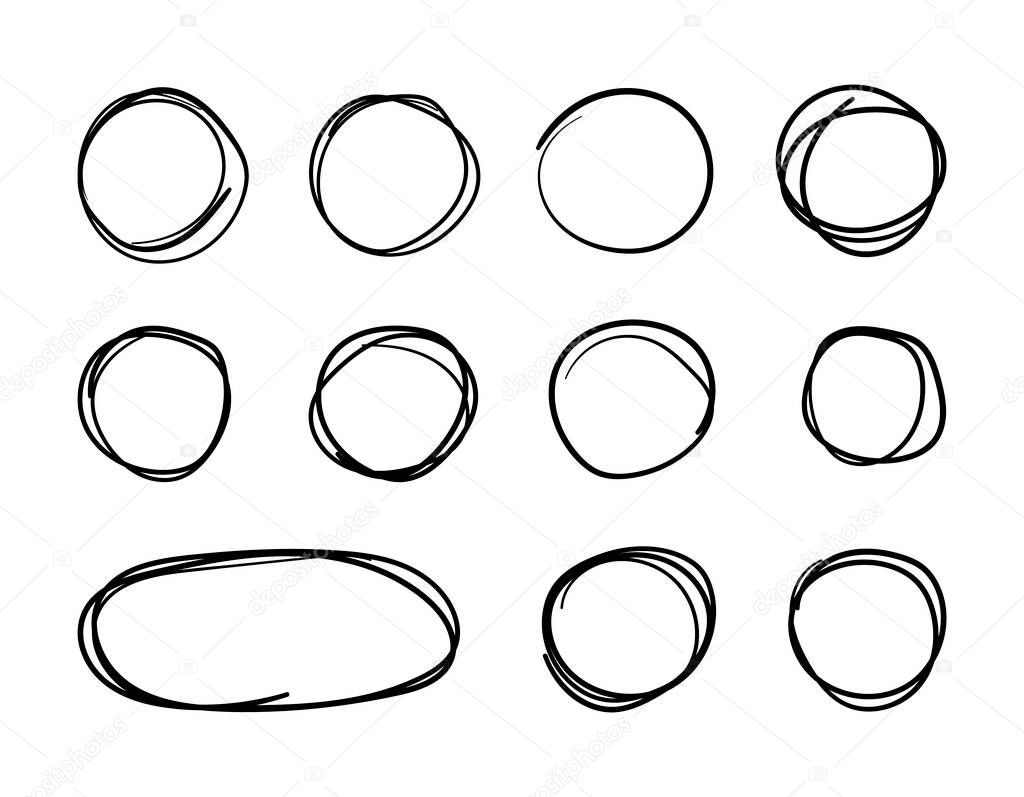 Vector set of circles, black ink paintings isoalted on white background, drawings set, abstract.