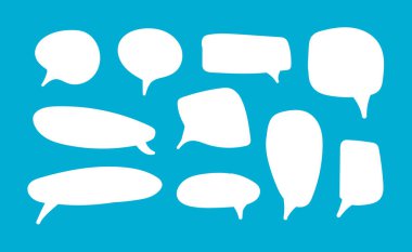 Parlak mavi arkaplanda izole edilmiş beyaz konuşma baloncukları, renkli tasarım elemanları, bulutlar ve kabarcıklar, çizgi roman tarzı dekoratif elementler.