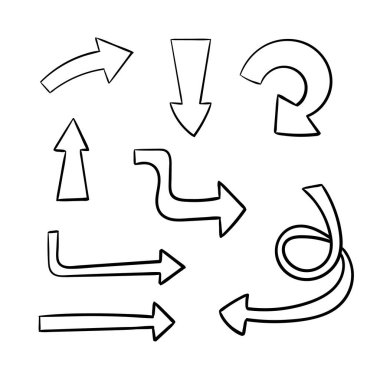 Karalama el vektör kümesi beyaz arkaplanda izole edilmiş koyu renkli oklar çizdi, siyah anahat.