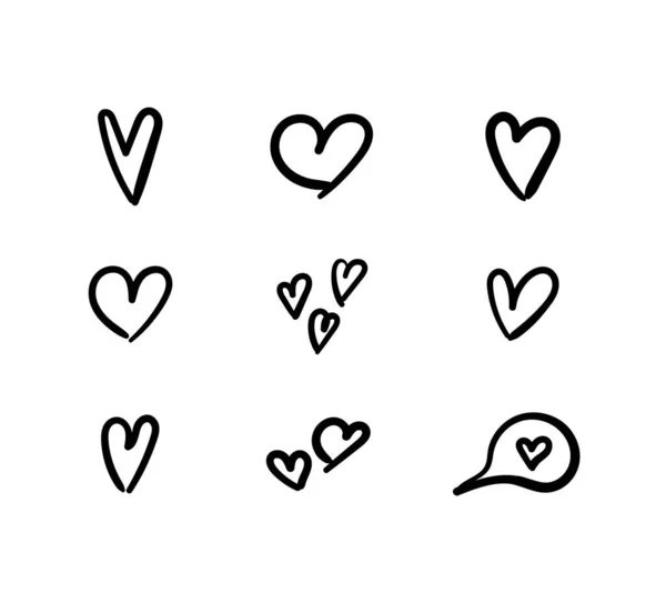 Vetor doodle mão desenhado corações ilustração, linhas pretas isolado, formas abstratas. — Vetor de Stock