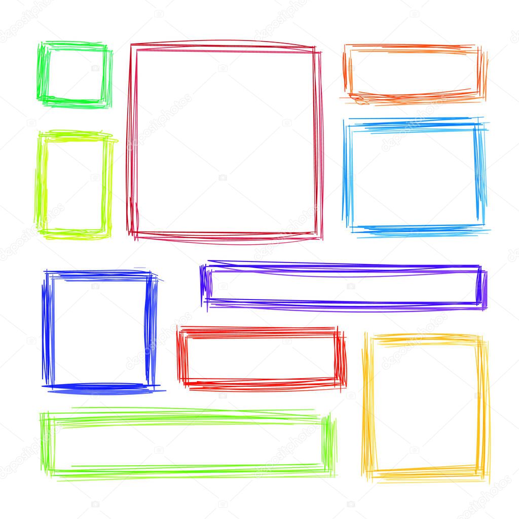 Vector scribble lines square frames set isolated on white background, colorful illustration, different colors, Highlighter drawings, Colored pencils Sketch.
