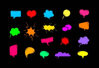 Renkli konuşma baloncuklarının vektör kümesi siyah arkaplanda izoz, çizgi film tarzı parlak