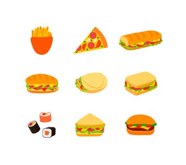 Beyaz arka planda izole edilmiş farklı fast food ikonları. Hamburgerler, sandviçler, pizza, suşi, patates kızartması..