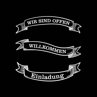 Sancakların vektör seti, elle çizilmiş illüstrasyonlar, Alman dilinde yazılmış açık, hoş geldiniz ve davetiye sözleriyiz.