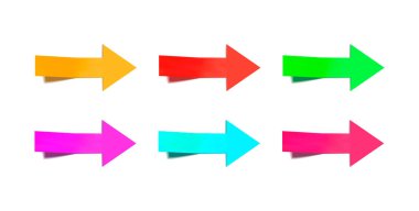 Vektör 3 boyutlu oklar, parlak renkler, beyaz arkaplanda izole edilmiş kağıt ok.