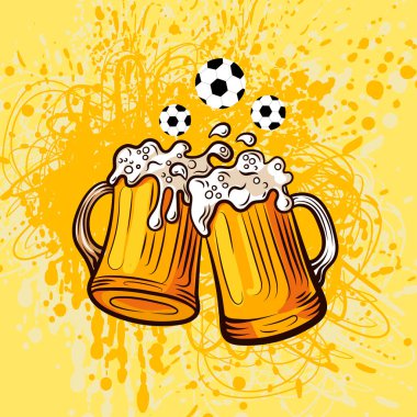 Vector Bira Bardakları ve Köpüklü Futbol Topları Renkli Resim Şablonu.