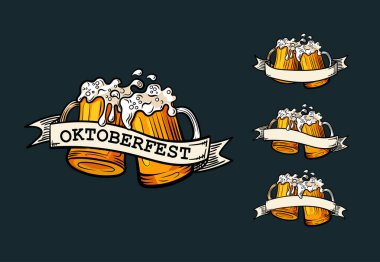 Vektör bira illüstrasyonu, şerefe, bira kupaları, Ekim Festivali afişleri.