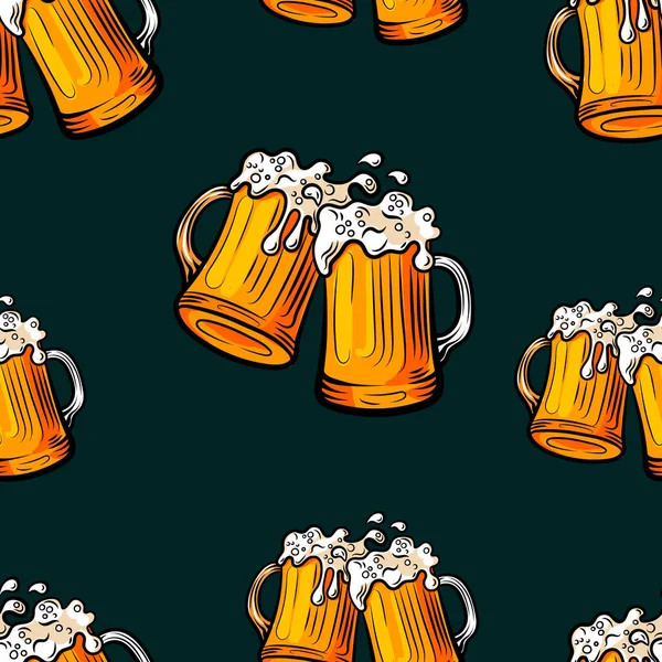 Patrón inconsútil del vector, cerveza, tazas de cerveza en fondo oscuro, colorido. — Vector de stock